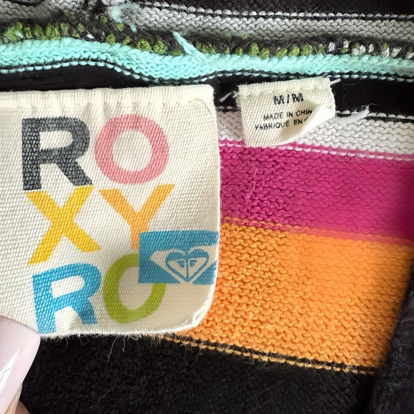 Roxy Hoodie Sweater M Black Multicolor Striped Long Sleeve Kangaroo Pocket Y2K - Picture 4 of 8